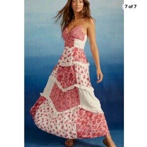 Altar'd State Adernlia Floral Maxi Dress XL Red White Ruffle Patchwork Feminine